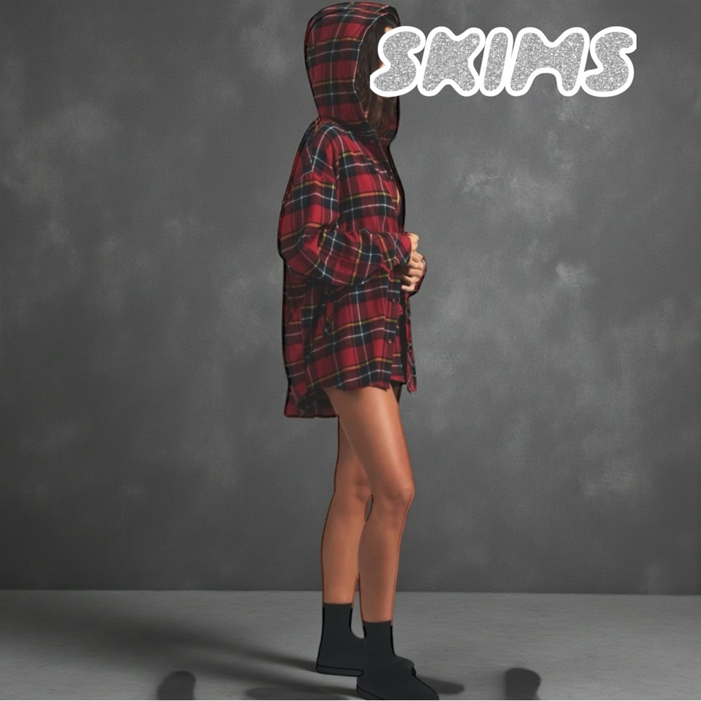 🔥❤️ SKIMS Flannel Sleeper Hooded Button-Down Shirt | Brick Holiday Plaid | M ❤️🔥